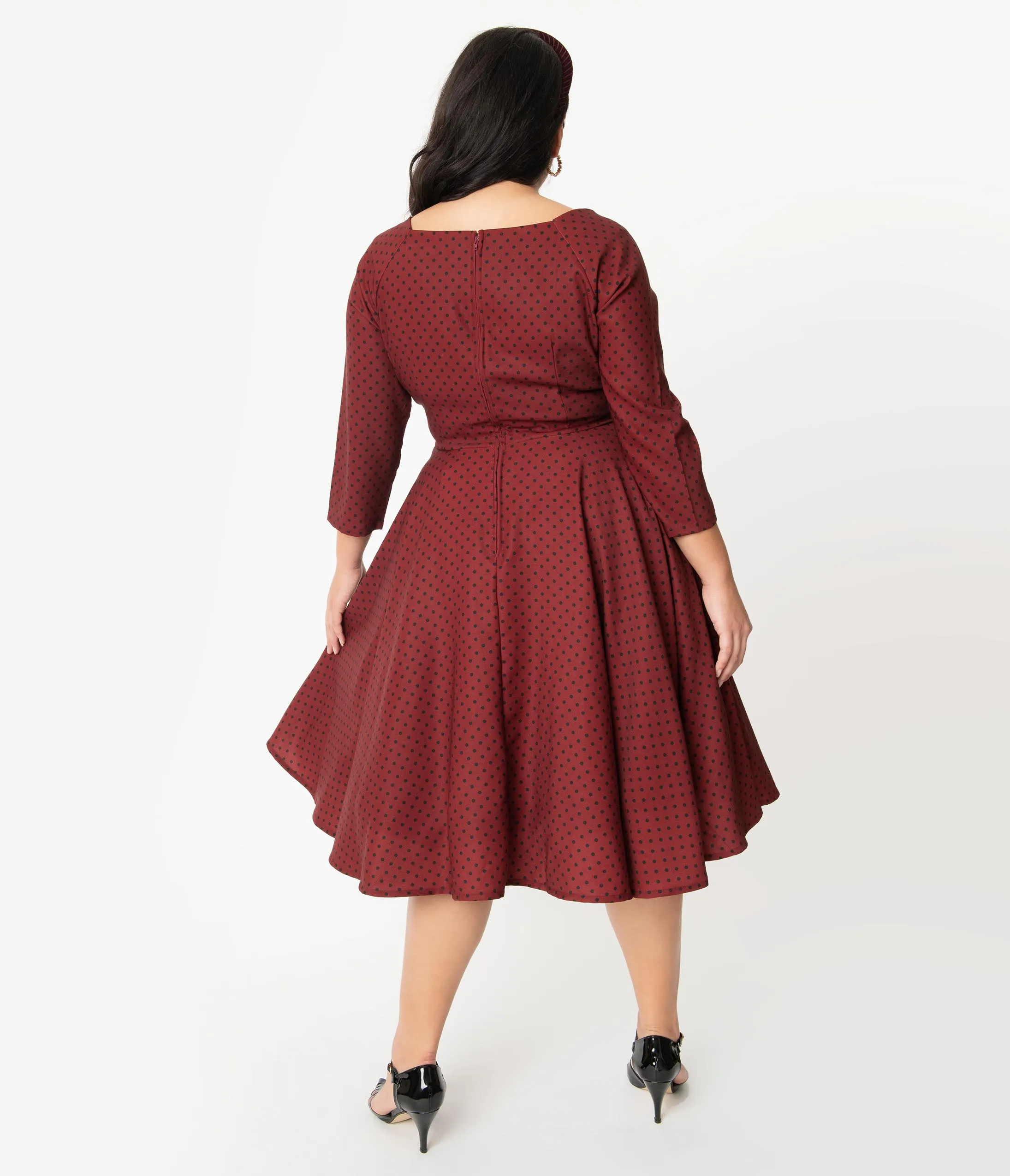 Plus Size 1950s Style Burgundy & Black Polka Dot Katherine Swing Dress