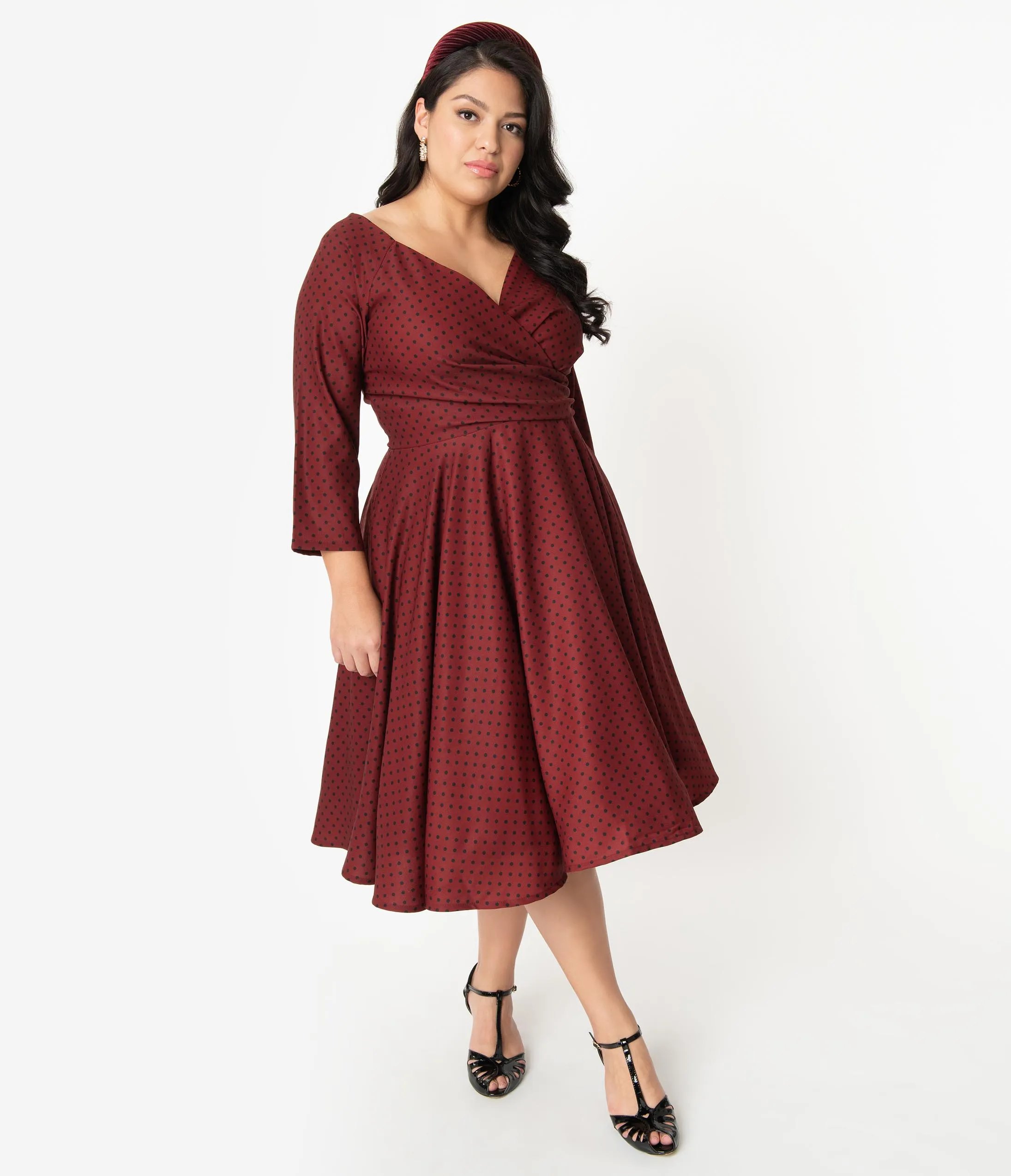 Plus Size 1950s Style Burgundy & Black Polka Dot Katherine Swing Dress