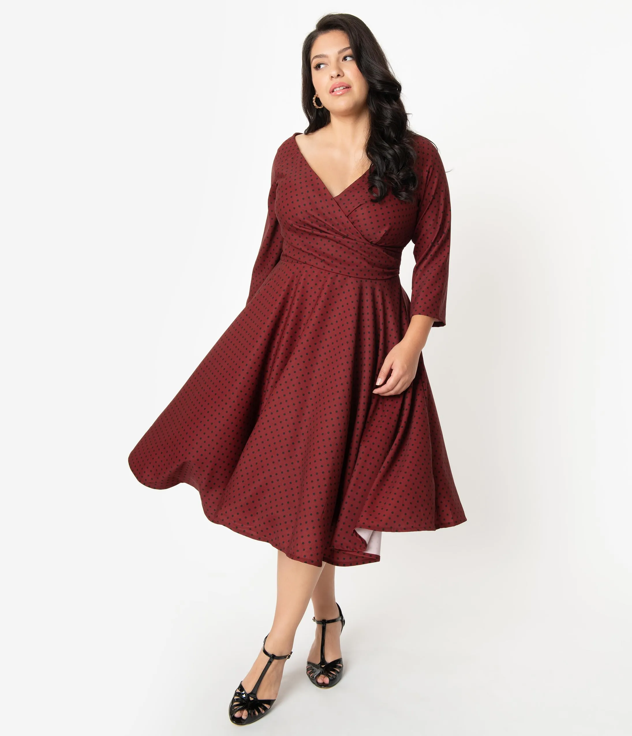 Plus Size 1950s Style Burgundy & Black Polka Dot Katherine Swing Dress