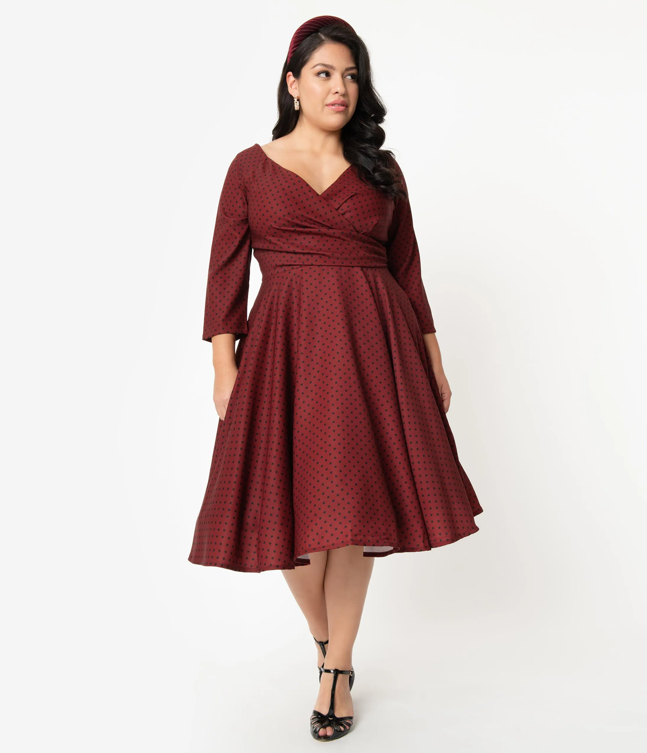 Plus Size 1950s Style Burgundy & Black Polka Dot Katherine Swing Dress