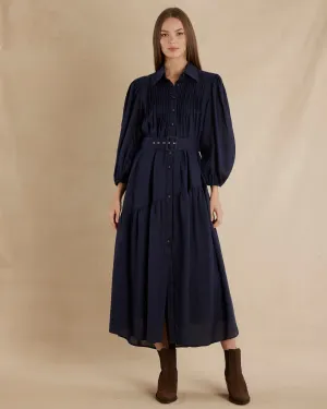 Poeta Ramie Pintuck Belted Dress - Navy