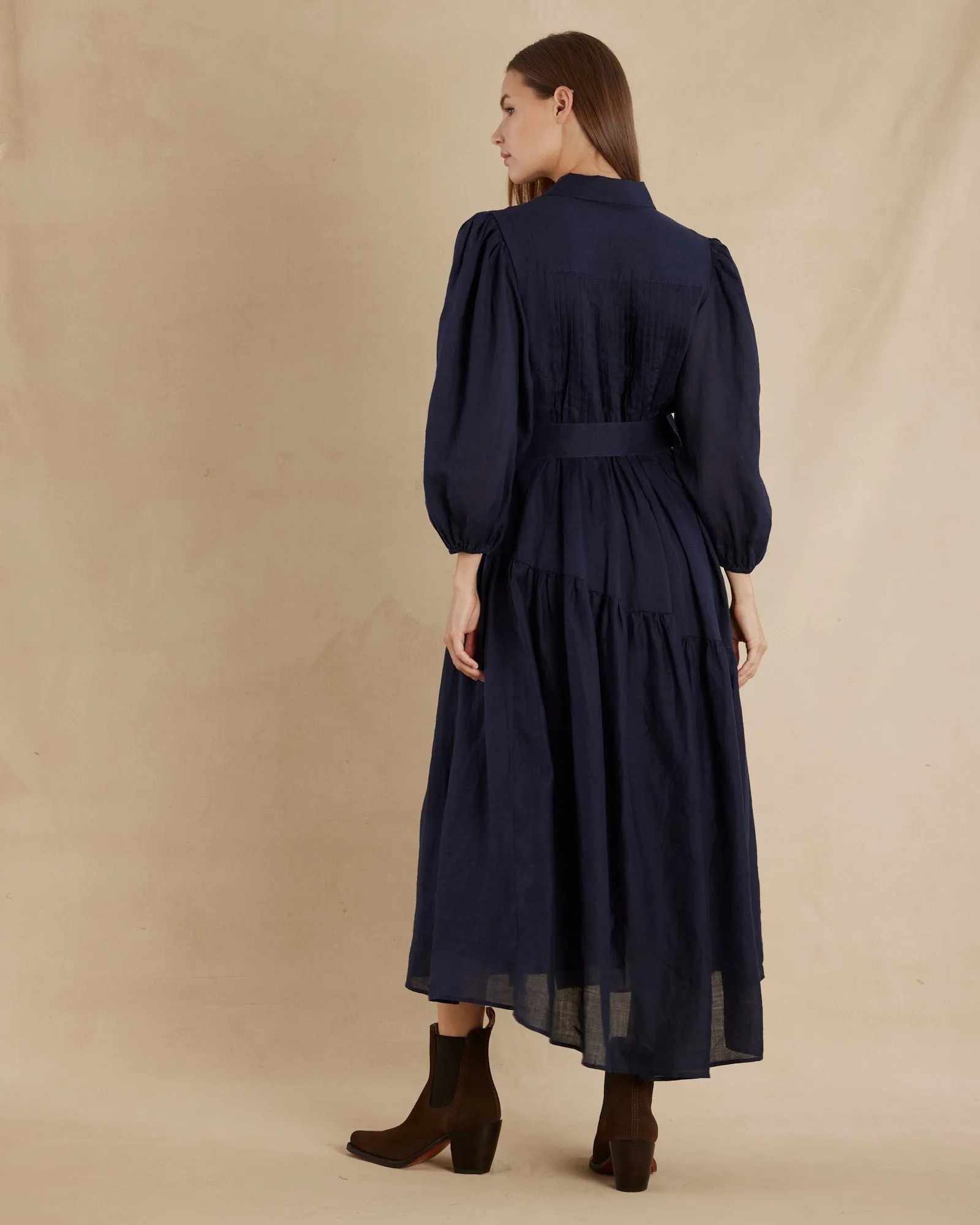 Poeta Ramie Pintuck Belted Dress - Navy