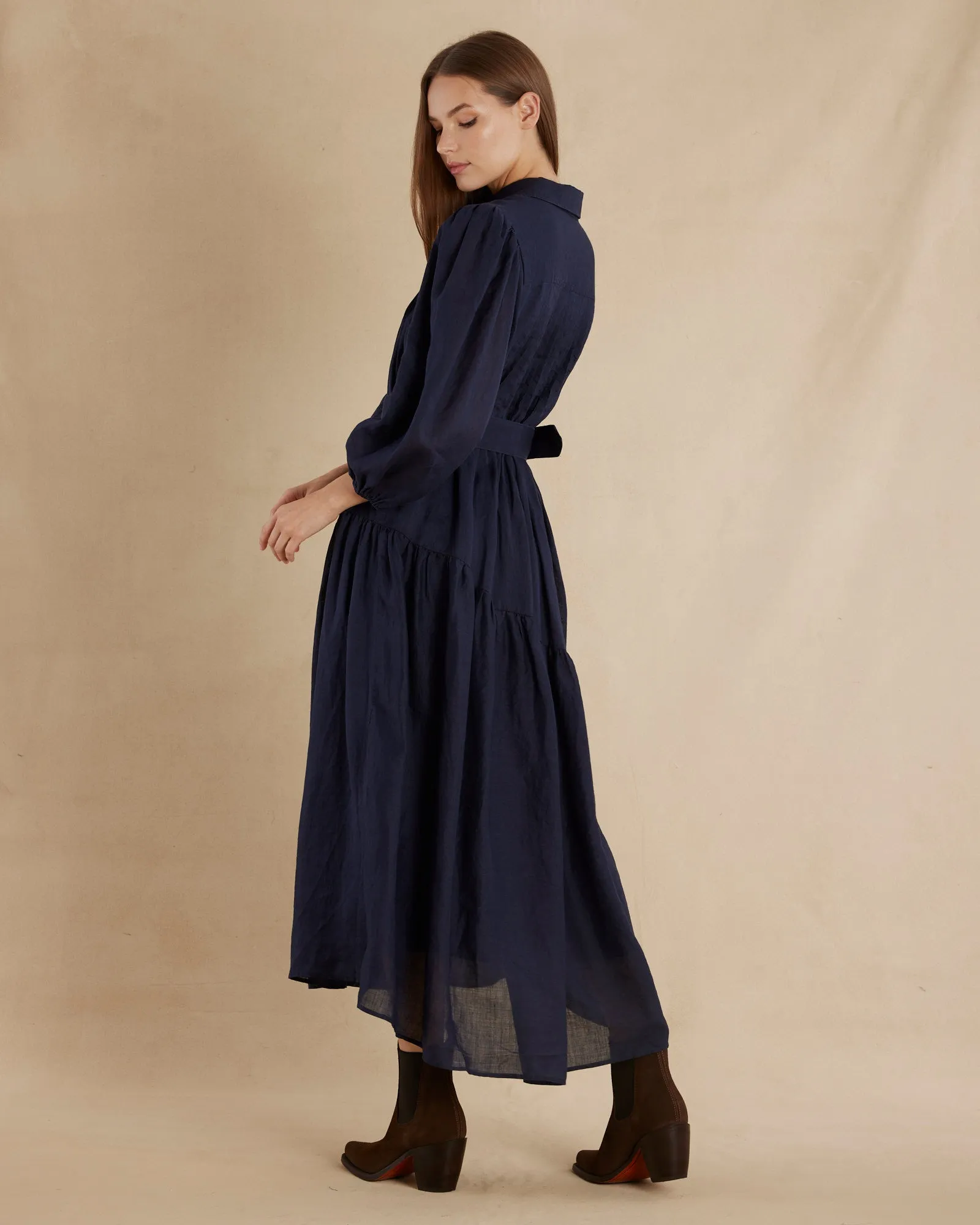 Poeta Ramie Pintuck Belted Dress - Navy