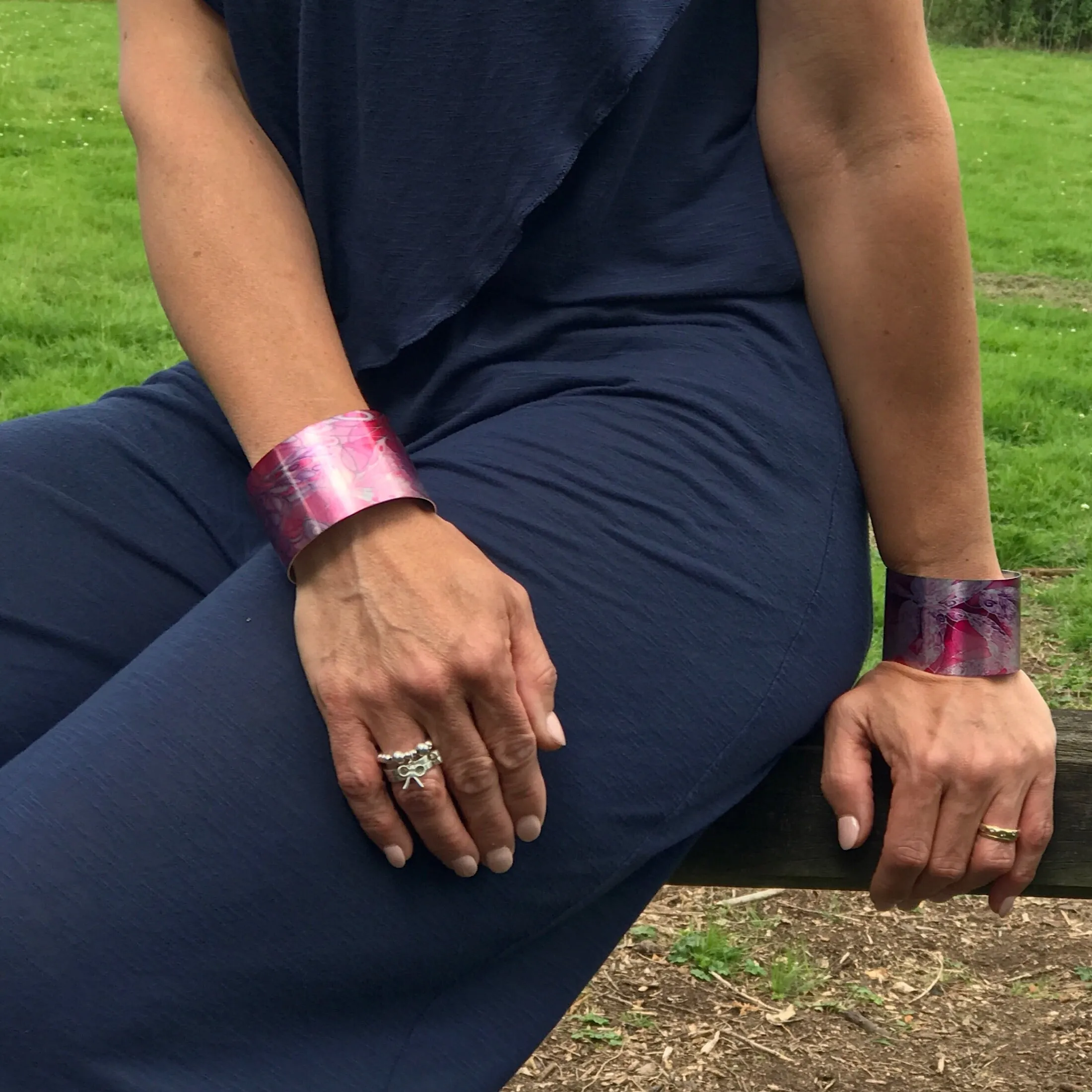 Pretty Pink Butterflies Bracelet - Statement Cuff Bracelet - easy wear lightweight aluminium.