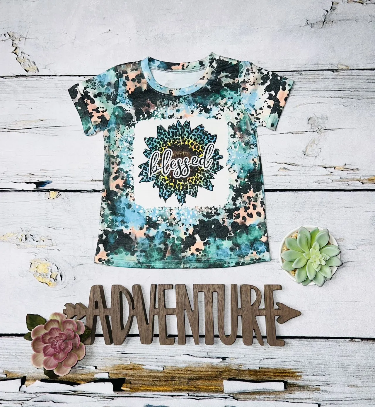 "BLESSED" multicolor animal print sunflower short sleeve t-shirt DLH1017-9