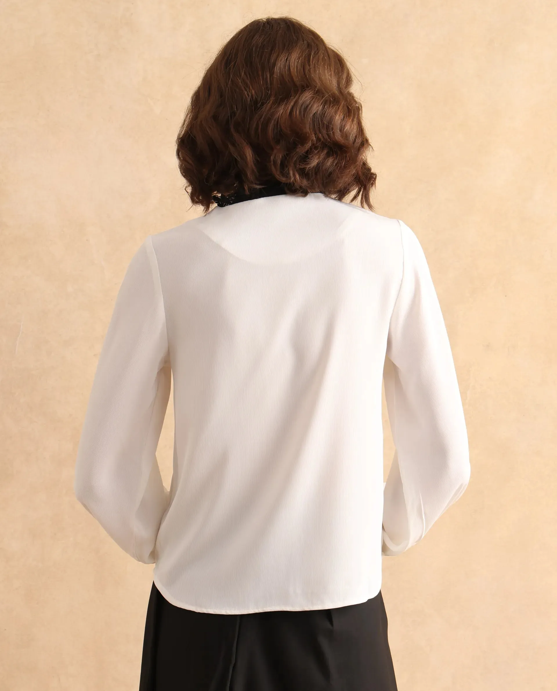 Rareism Women Ubik White Bishop Sleeve Round Neck Button Closure Plain Top