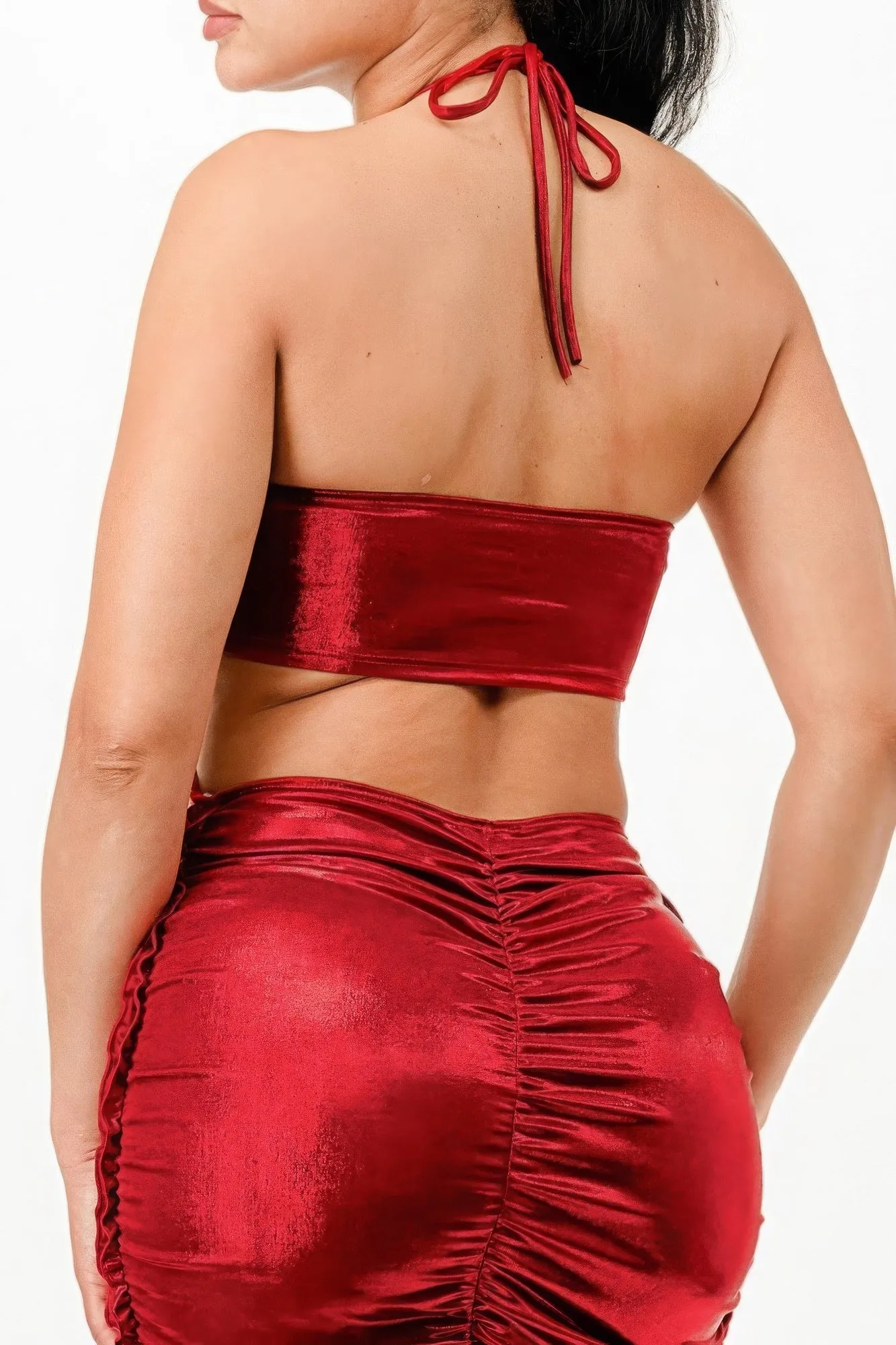 Red Maxi Dress New Women's Fashion Metallic Rushed Halter Dress