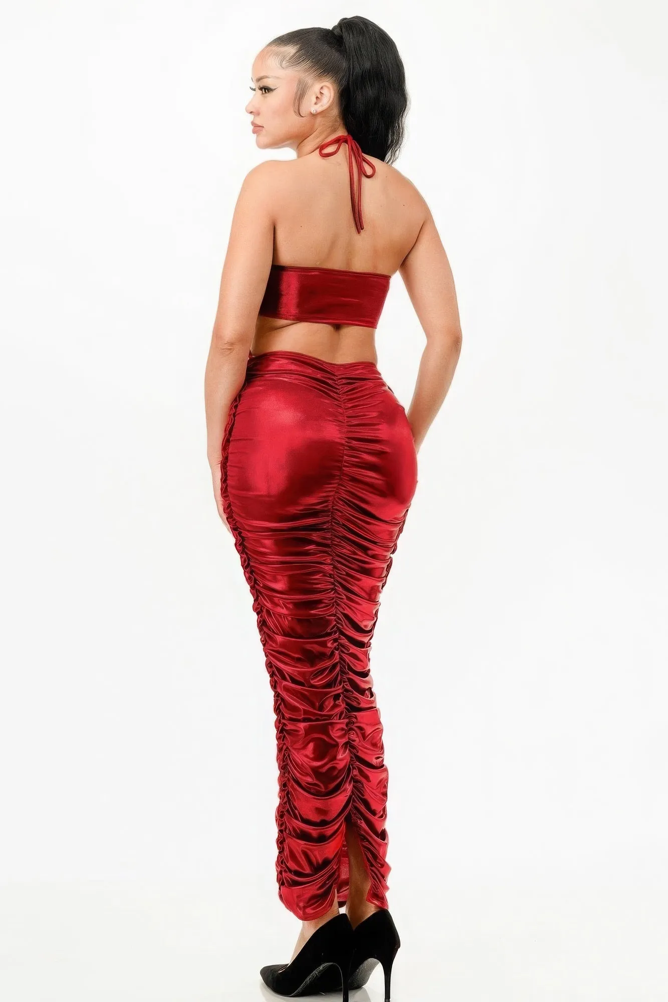 Red Maxi Dress New Women's Fashion Metallic Rushed Halter Dress