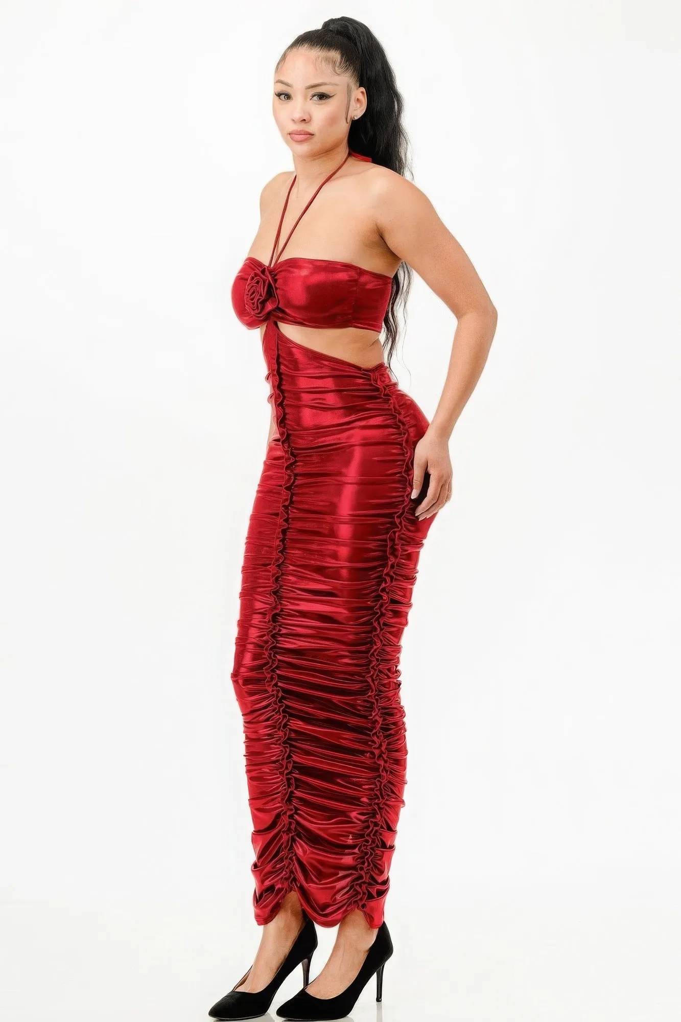 Red Maxi Dress New Women's Fashion Metallic Rushed Halter Dress