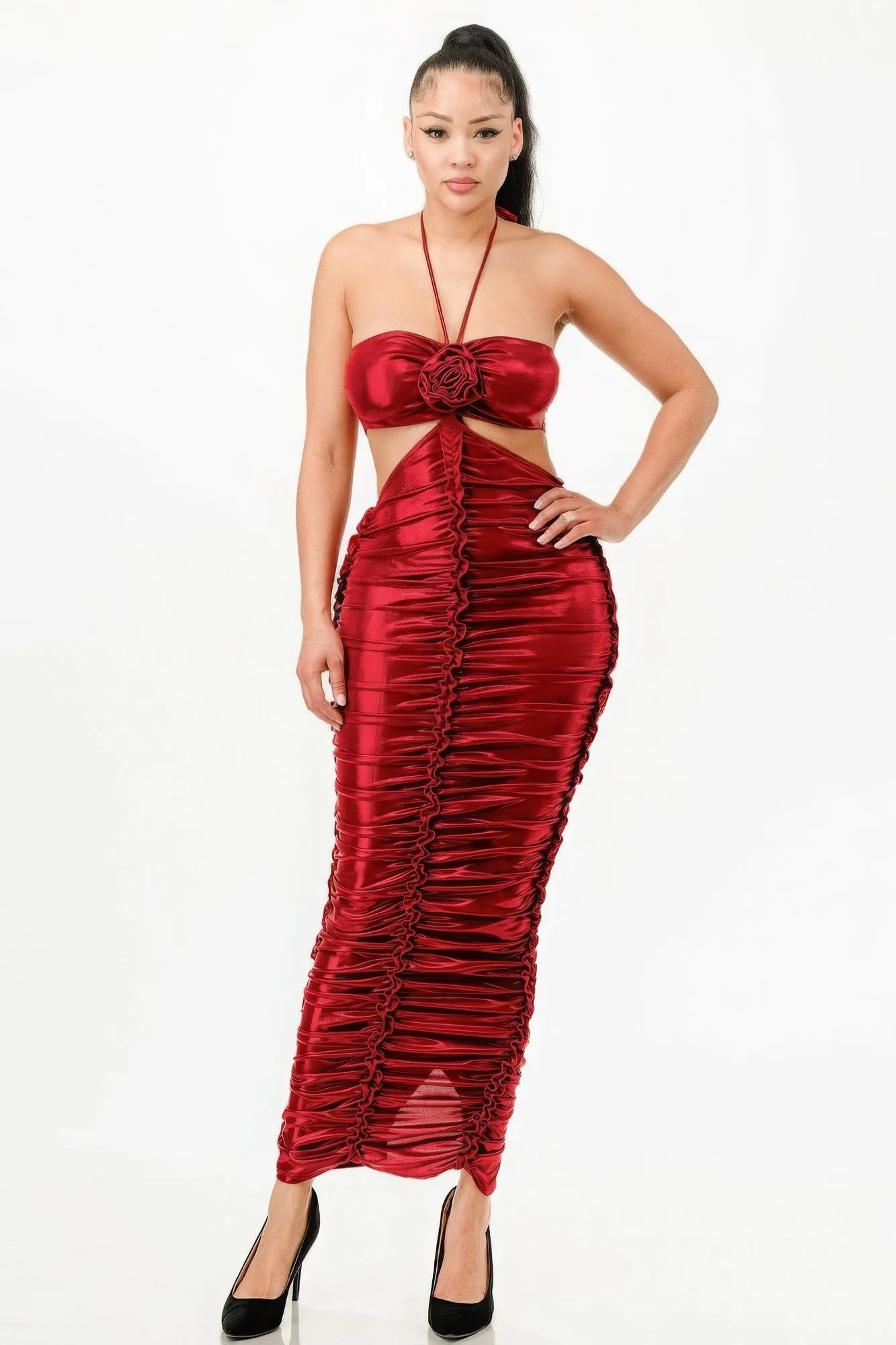 Red Maxi Dress New Women's Fashion Metallic Rushed Halter Dress