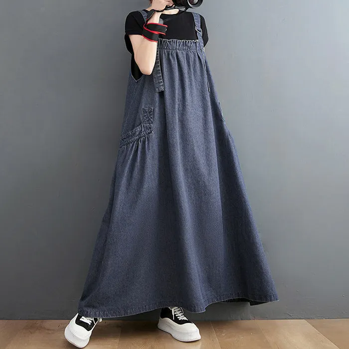 Retro Denim Big Pockets Overalls Dresses