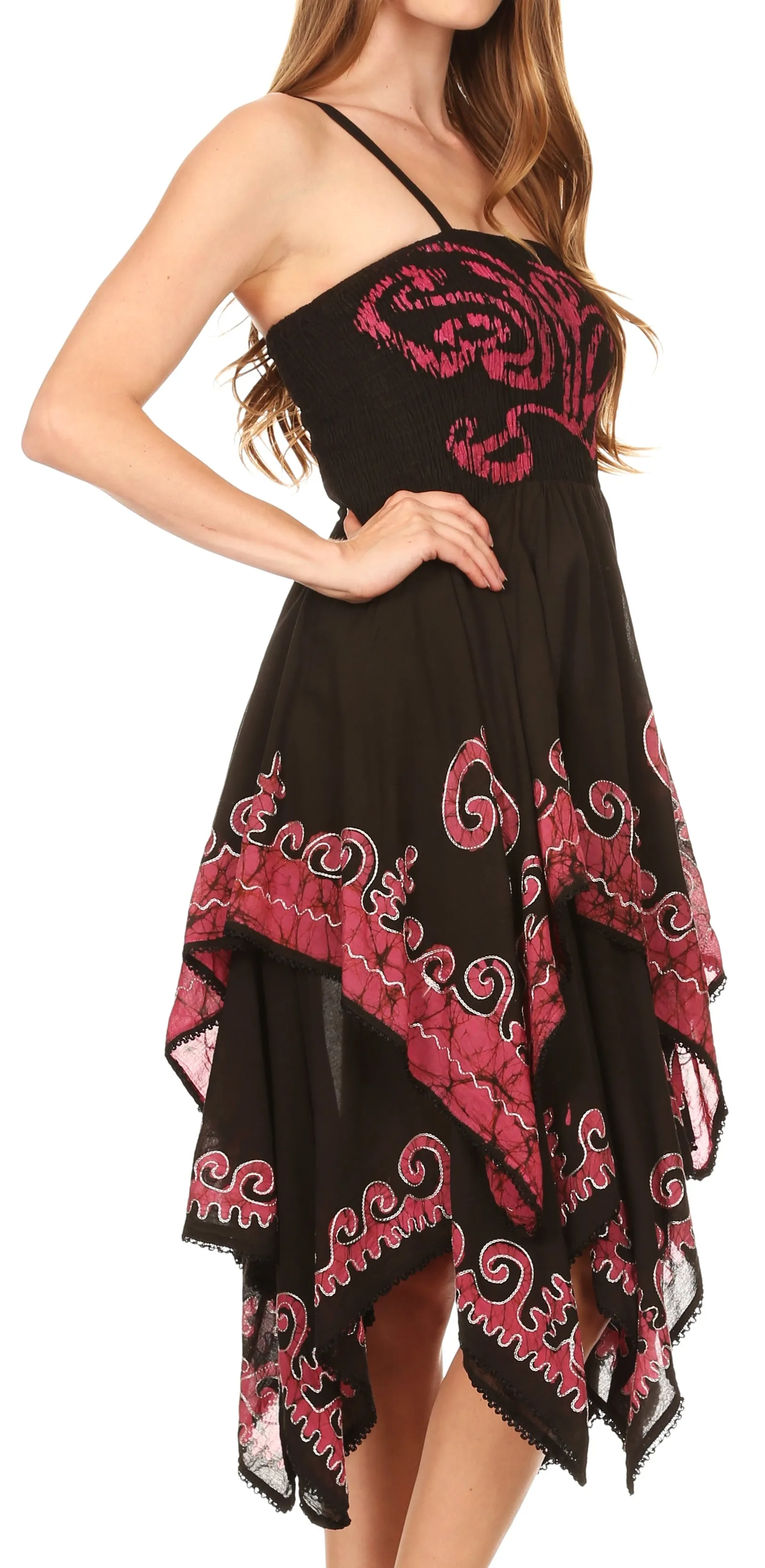 Sakkas Batik Smocked Bodice Handkerchief Hem Dress