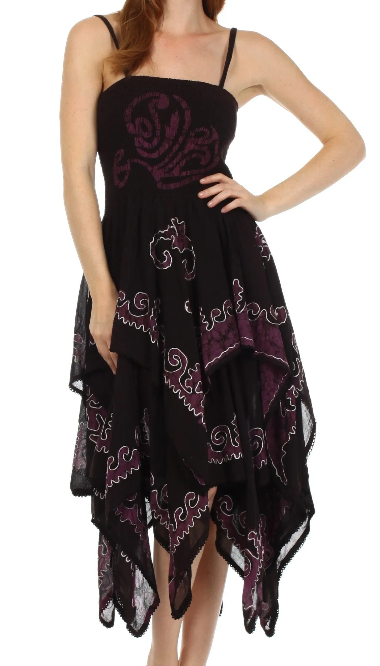 Sakkas Batik Smocked Bodice Handkerchief Hem Dress