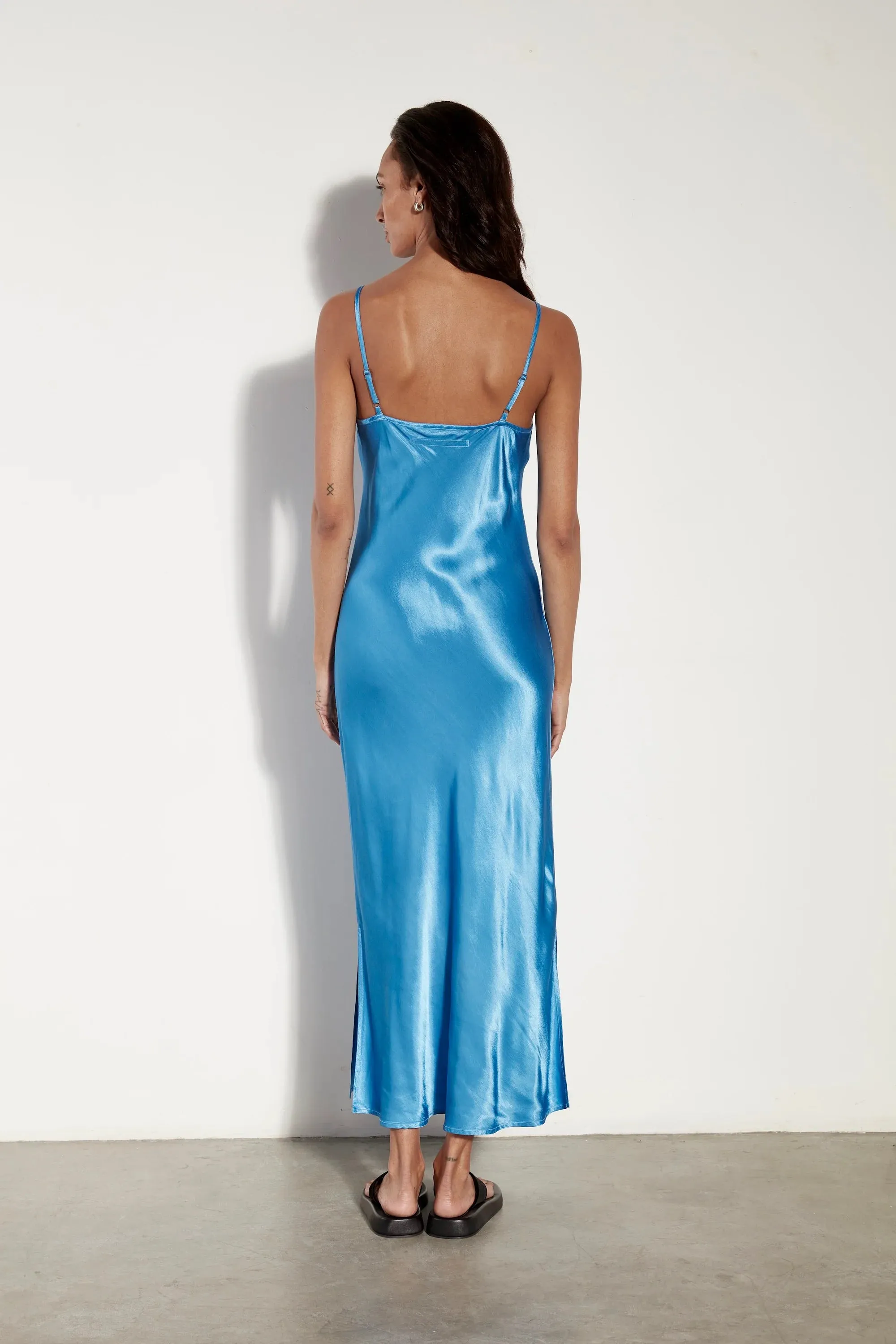 Satin Bias Cut Slip Dress in Pool