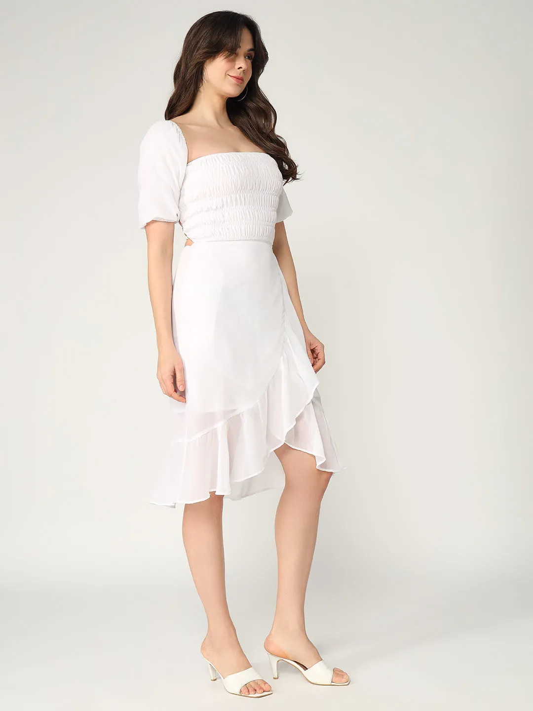 Solid Fit And Flare Summer Dress With Smocked Elasticised Bodice