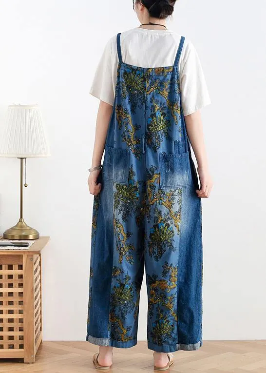 Spring original literary fashion retro ethnic style blue printed loose denim overalls