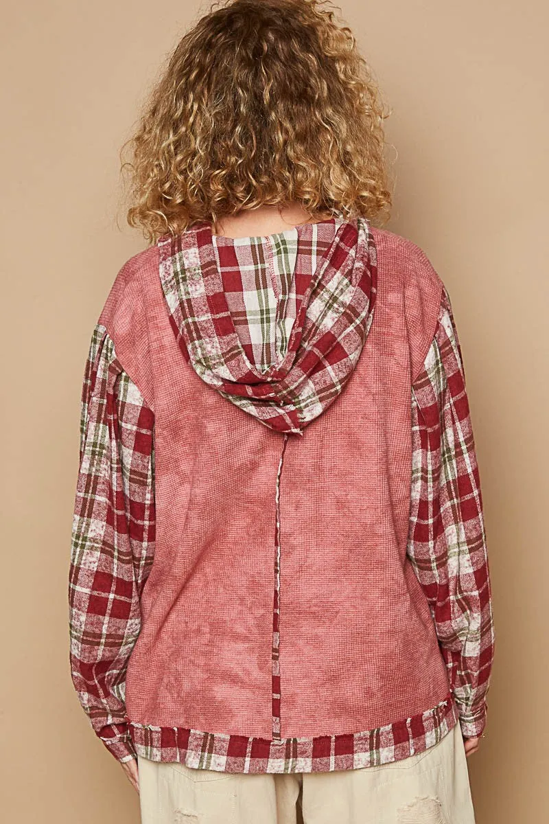 Star Patch Plaid Long Sleeve Hooded Top