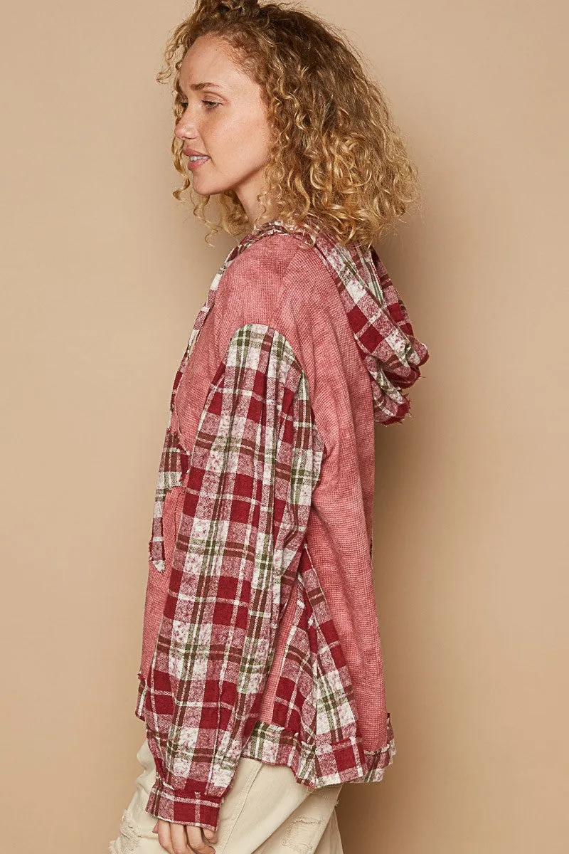 Star Patch Plaid Long Sleeve Hooded Top