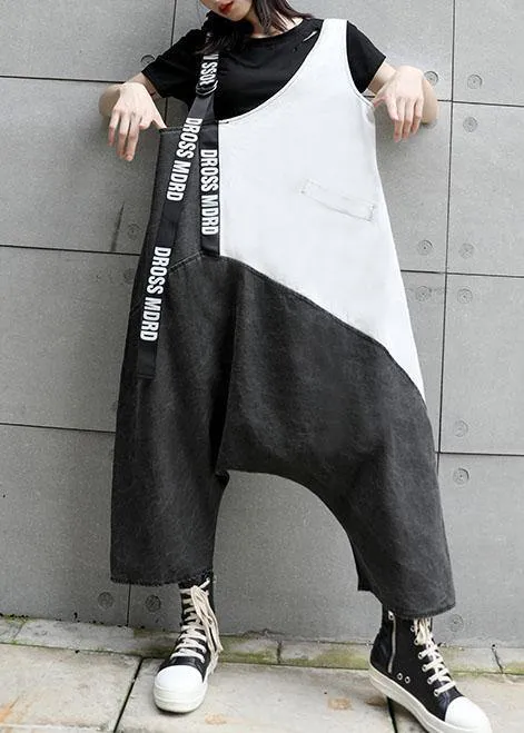 Strap  retro black gray patchwork overalls casual pants jeans women