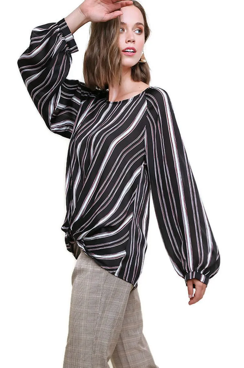 Striped Gathered Blouse, Black