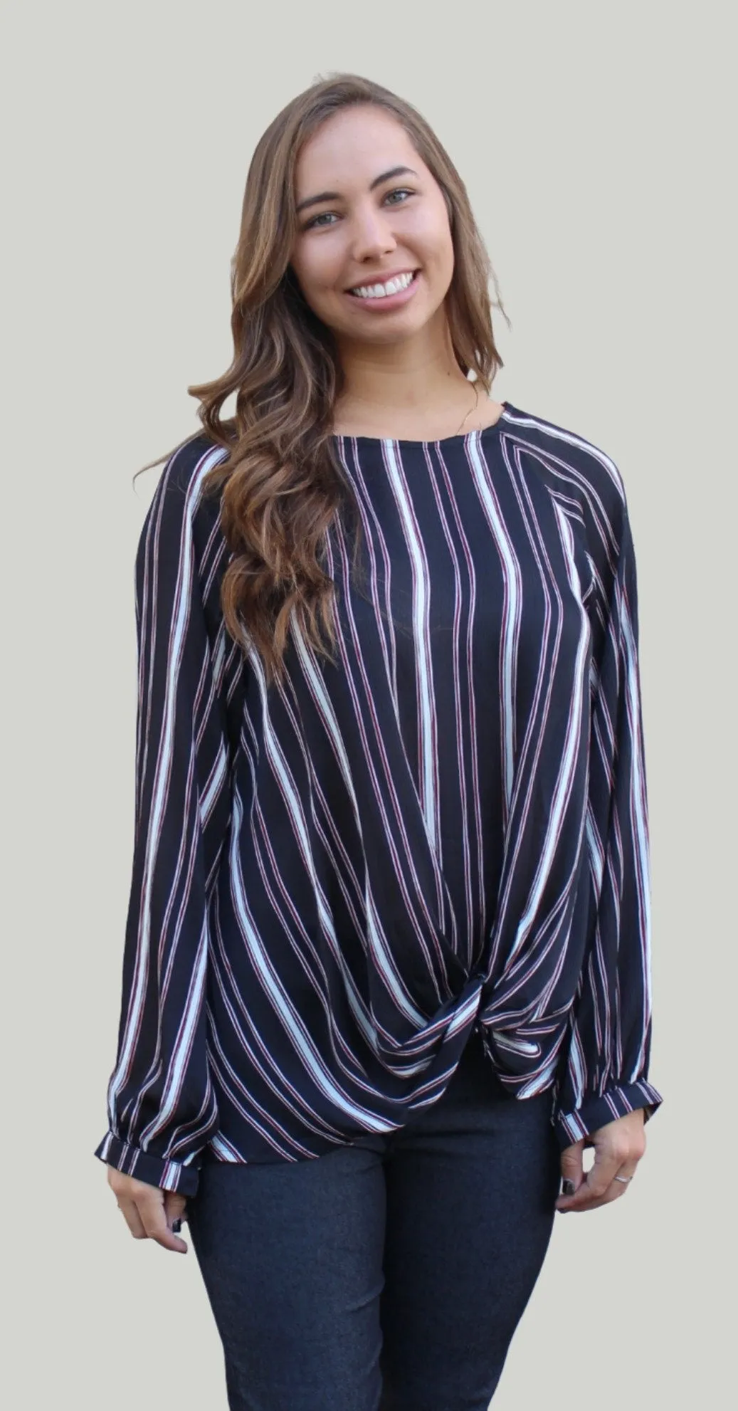 Striped Gathered Blouse, Black