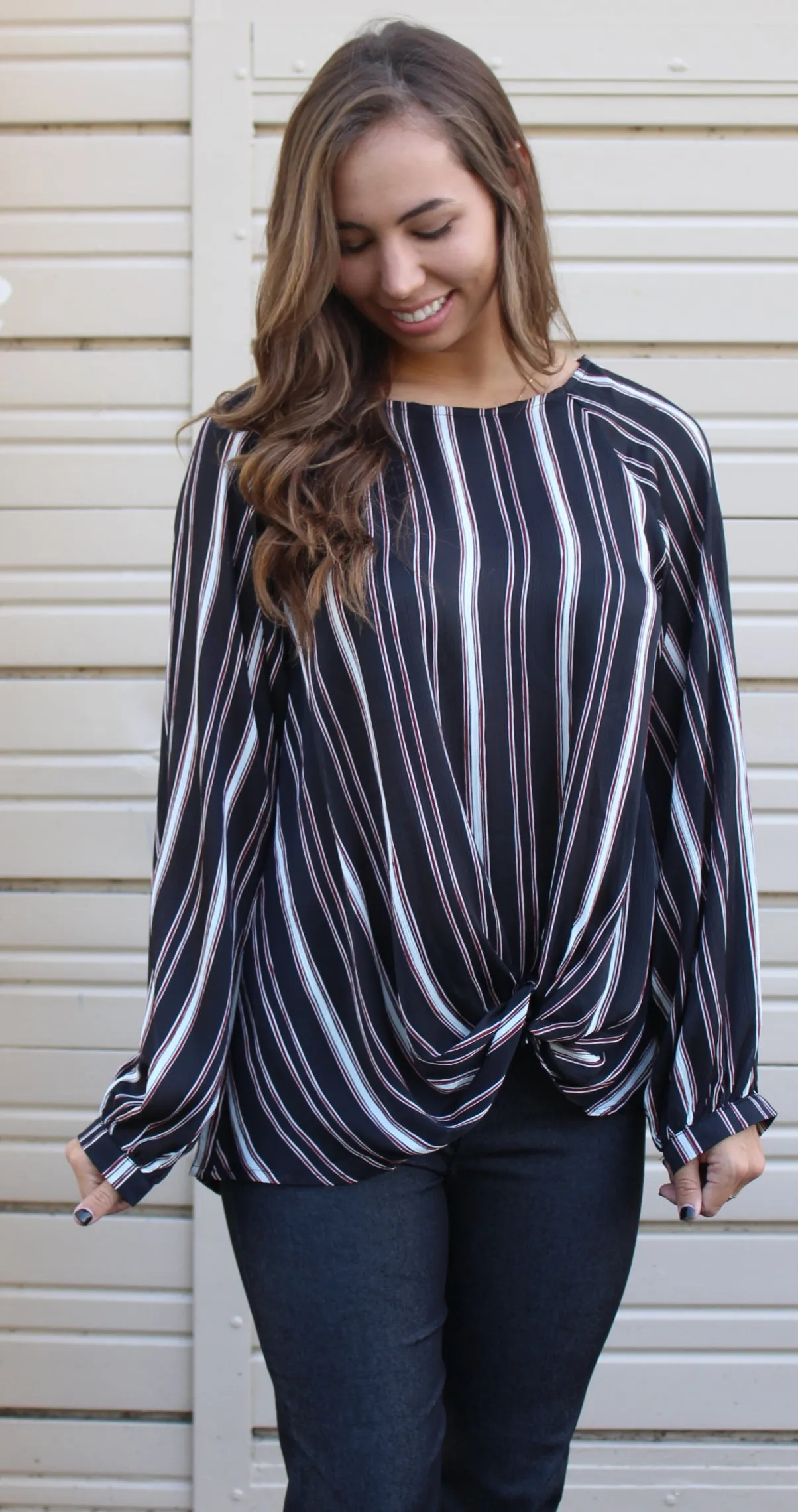 Striped Gathered Blouse, Black