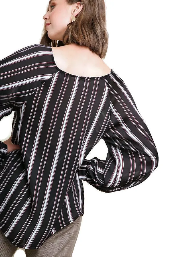 Striped Gathered Blouse, Black