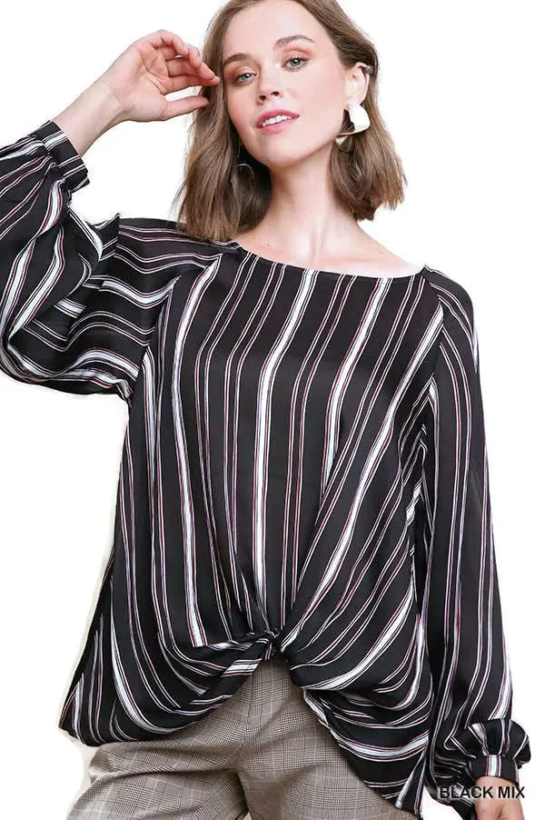 Striped Gathered Blouse, Black