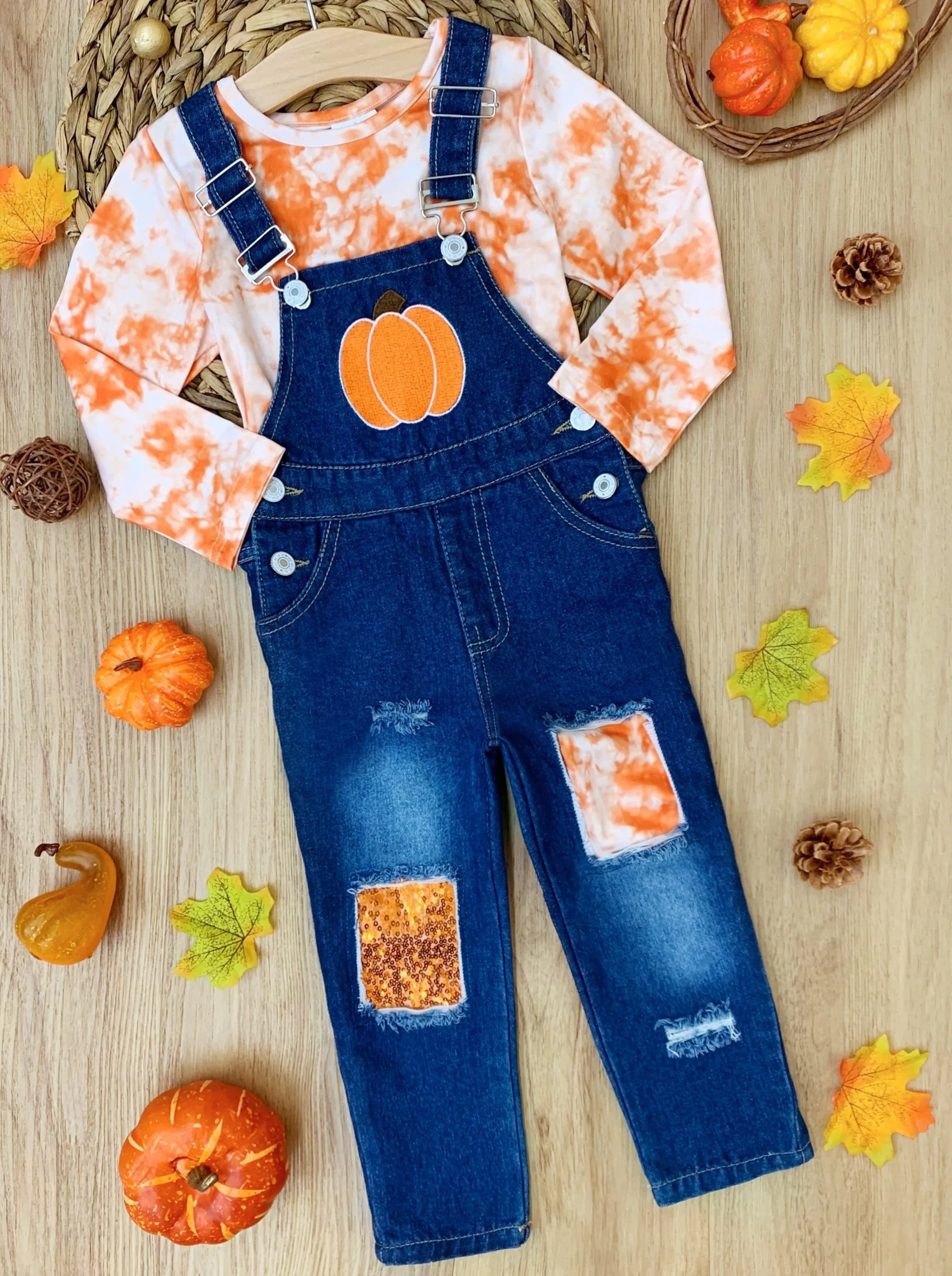 Tie Dye Pumpkin Patched Denim Overall Set