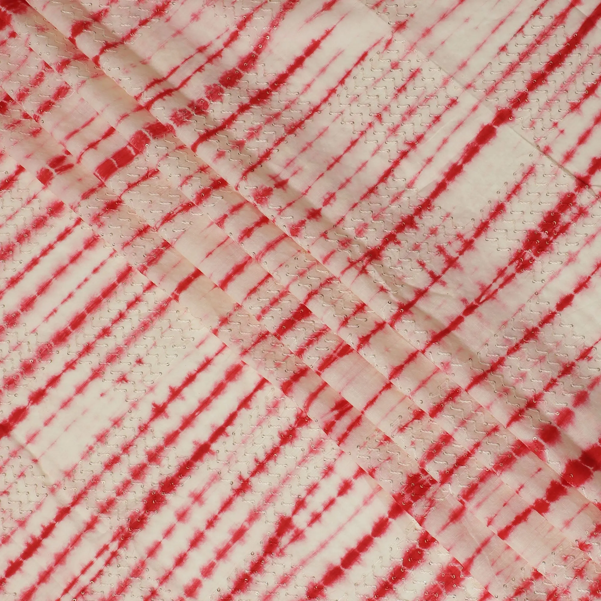 Vibrant Red and White Tie-Dye Cotton Lawn Fabric with Sequin Accents, 110 cm Width-D19658