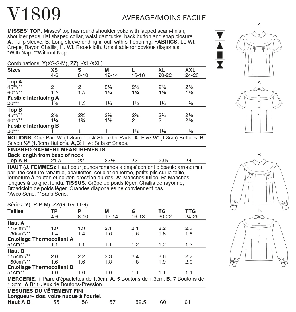 Vogue Pattern V1809  Misses' Tops