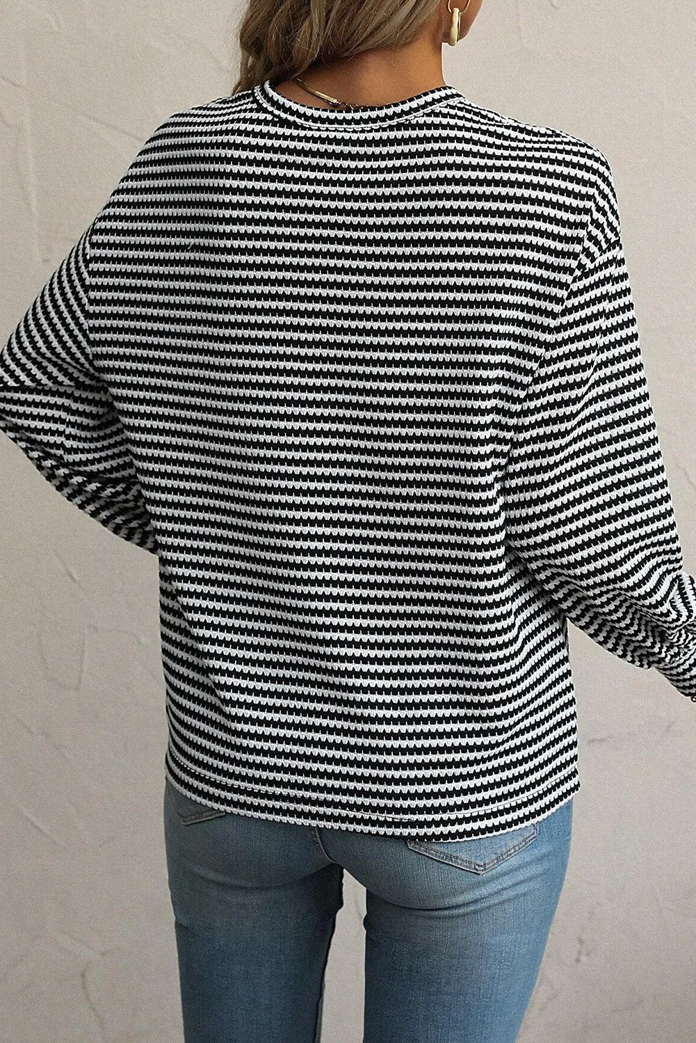 Womens Black Striped Round Neck Drop Shoulder Long Sleeve Top