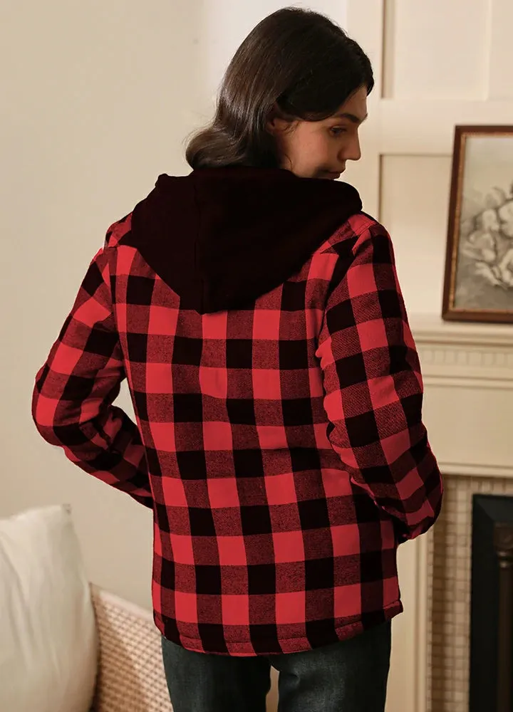 Women's Matching Family Buffalo Red Quilted Lined Flannel Hoodie