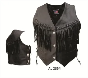 Women's Naked Leather Motorcycle Vest Fringes Braid and Conchos