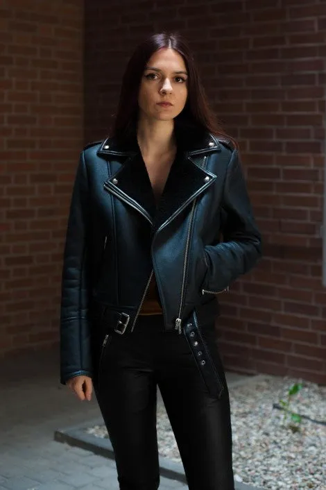 Women's Shearling Lined Biker Leather Jacket