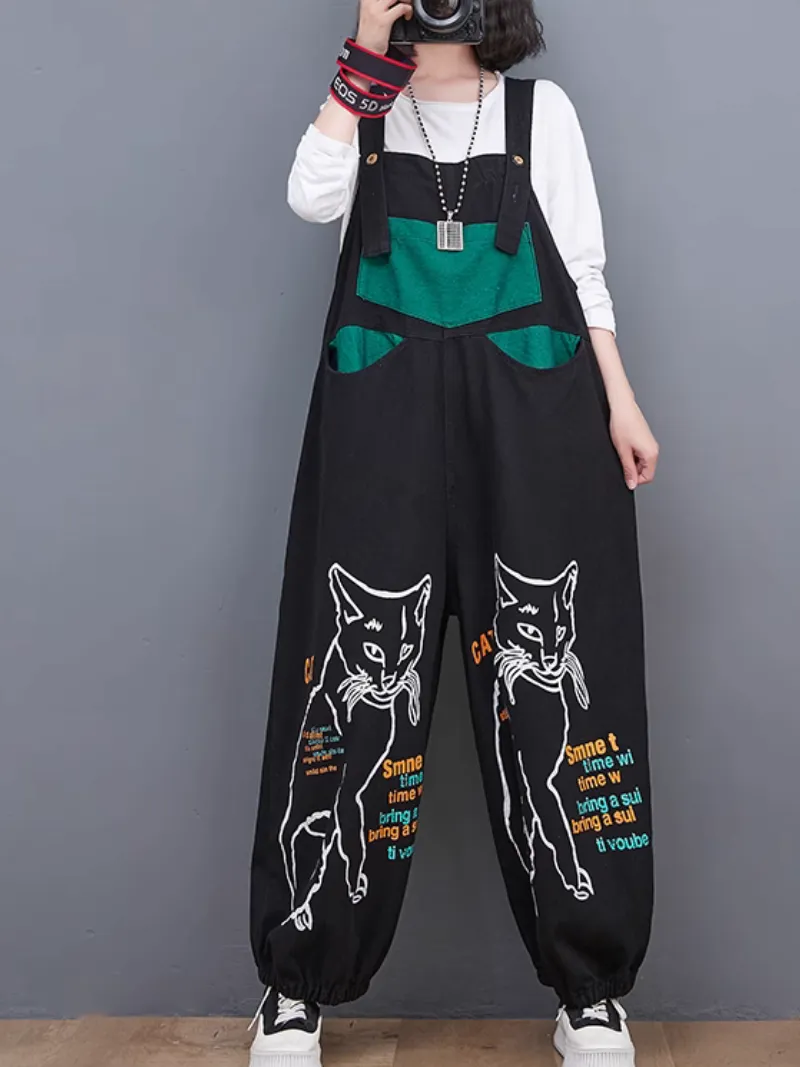 Women's Stylish High Waist Retro Cat Print Overalls Dungarees