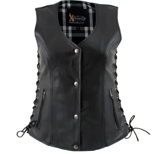 Xelement XS4505 Women's Black ‘Flannel’ Motorcycle Biker Rider Leather Vest with Snap Button Closure