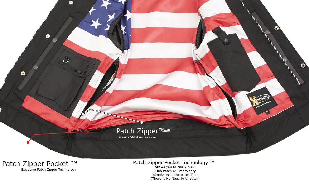 Xelement XS6665 Men's 'Old Glory' Black Leather Motorcycle Vest w/ Red Stitching and USA Inside Flag Lining