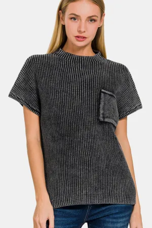 Zenana Pocketed Mock Neck Short Sleeve Sweater